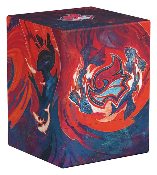 Ultimate Guard Boulder 100+ MTG Strixhaven Prismari deck box, closed, red and blue, Prismari crest, front-left
