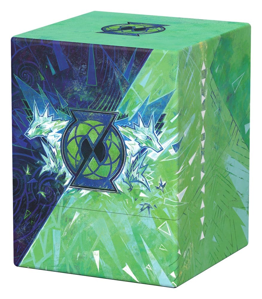Ultimate Guard Boulder 100+ MTG Strixhaven Quandrix deck box, closed, crest panel, front-right view