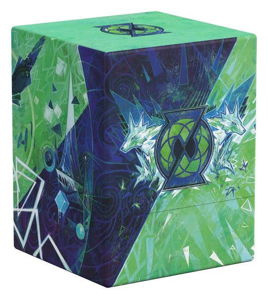 Ultimate Guard Boulder 100+ MTG Strixhaven Quandrix deck box, closed, green and blue, Quandrix crest, front-left