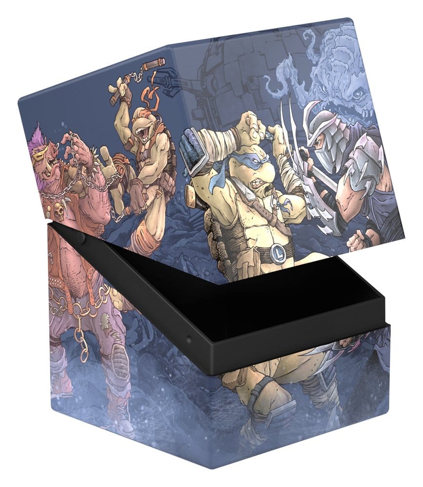 Ultimate Guard Boulder 100+ MTG x TMNT Technodrome Battle deck box, lid tilted off to show the black interior