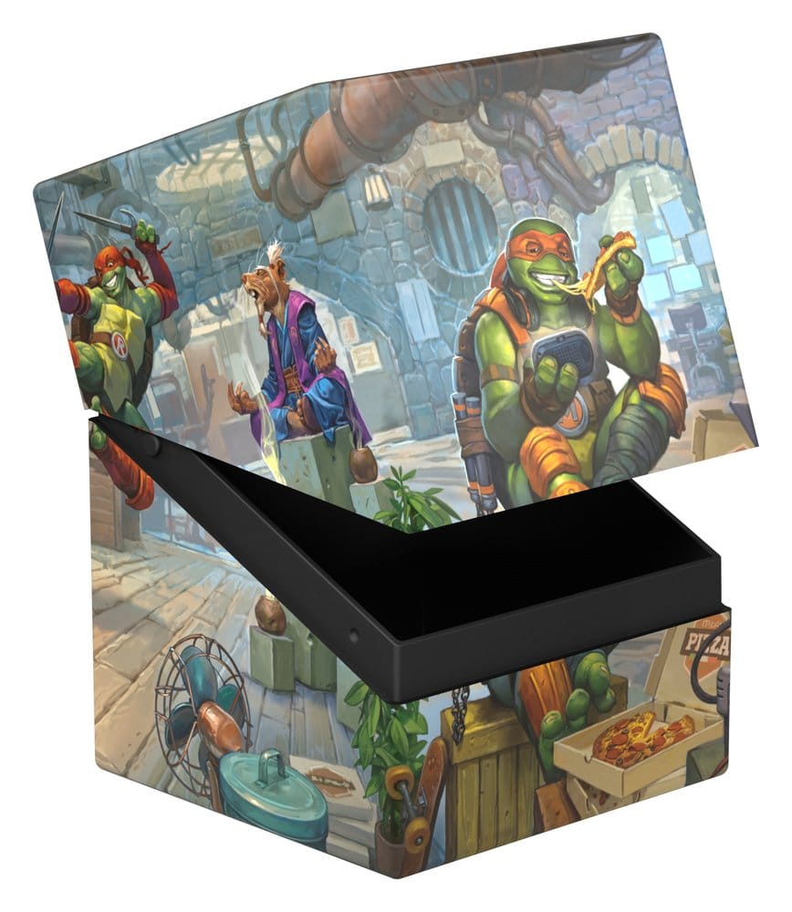 Ultimate Guard Boulder 100+ MTG x TMNT Turtle Lair deck box, lid tilted off to show the black interior