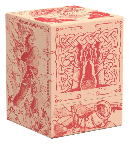 Ultimate Guard Ragnarök Boulder 100+ deck box in cream with red Norse knotwork and figure line art