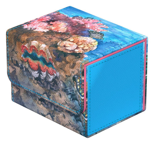 Ultimate Guard Sidewinder 100+ Seablue Hush deck box, closed, blue with a painted coral reef and clam, front-left