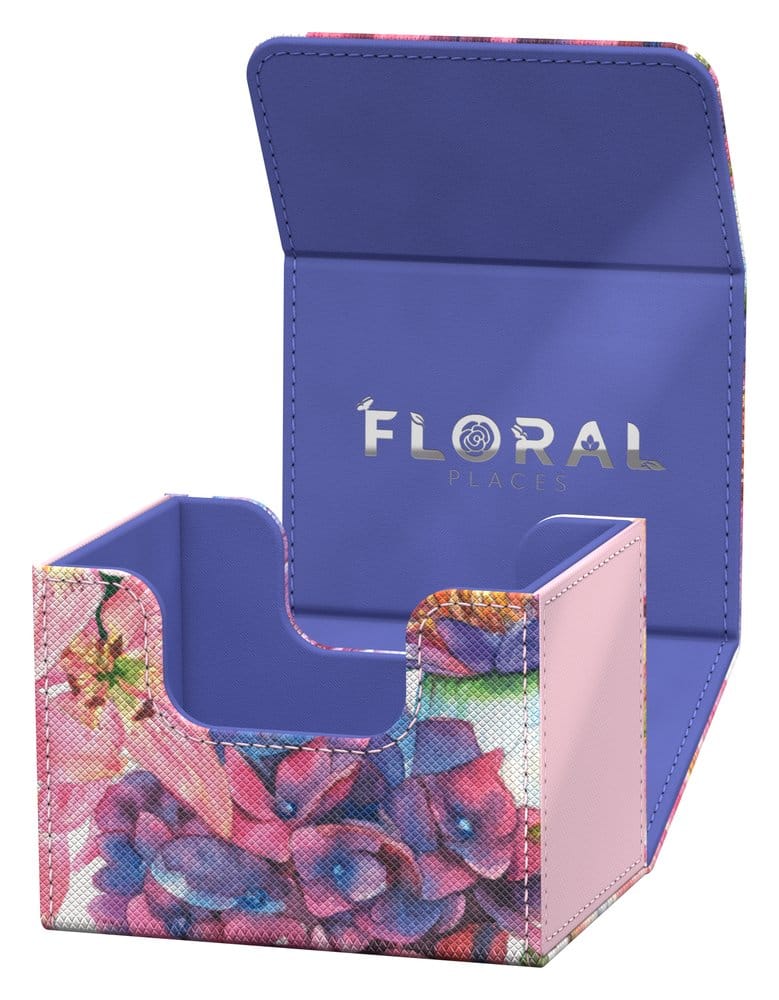 Ultimate Guard Sidewinder 100+ Lotus Bloom deck box, lid raised upright over the empty tray