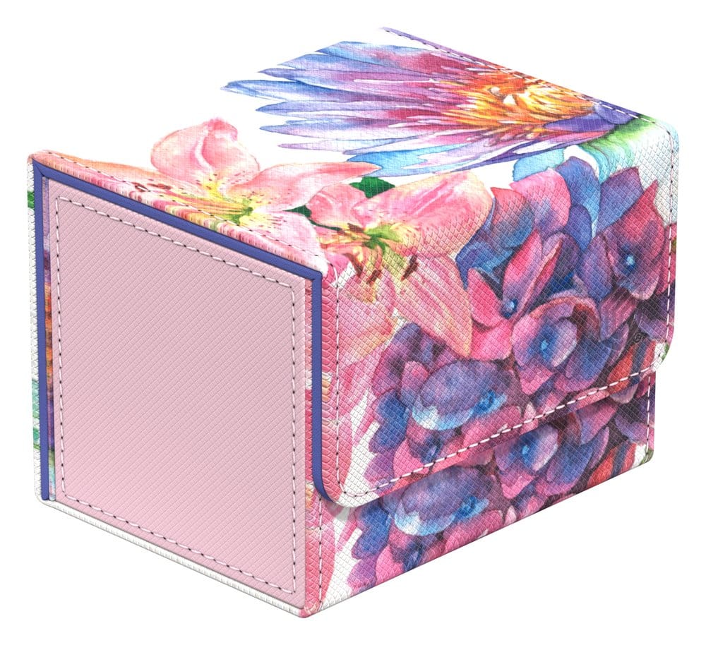 Ultimate Guard Sidewinder 100+ Lotus Bloom deck box, closed, flap and side panel, front-right
