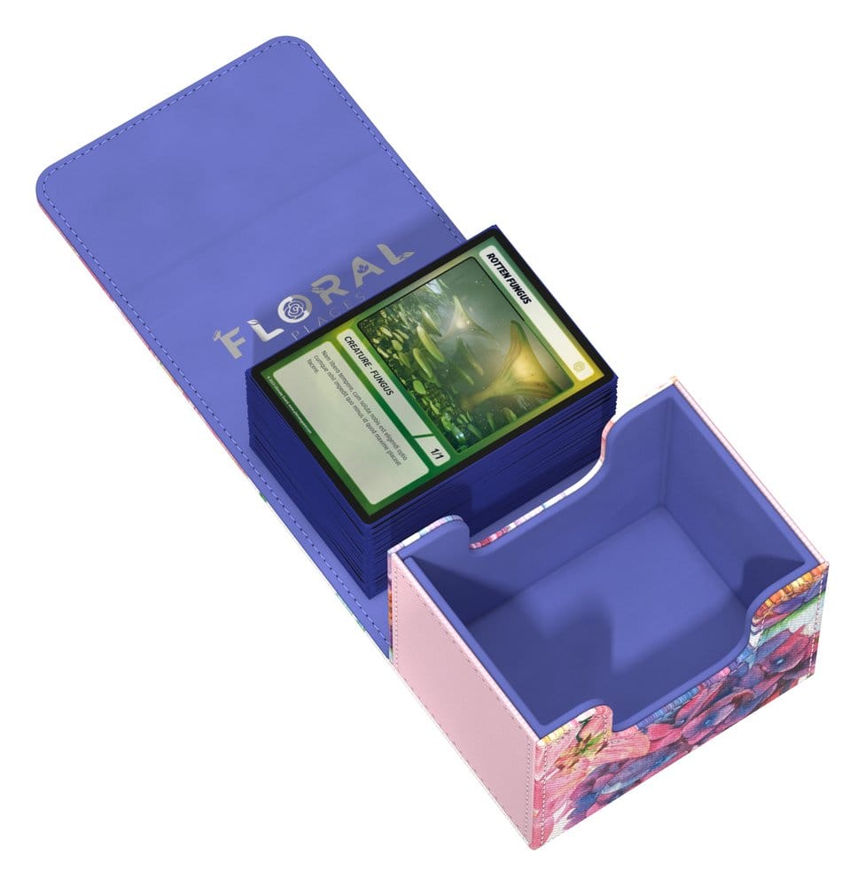 Ultimate Guard Sidewinder 100+ Lotus Bloom deck box, opened flat, sleeved cards in the tray
