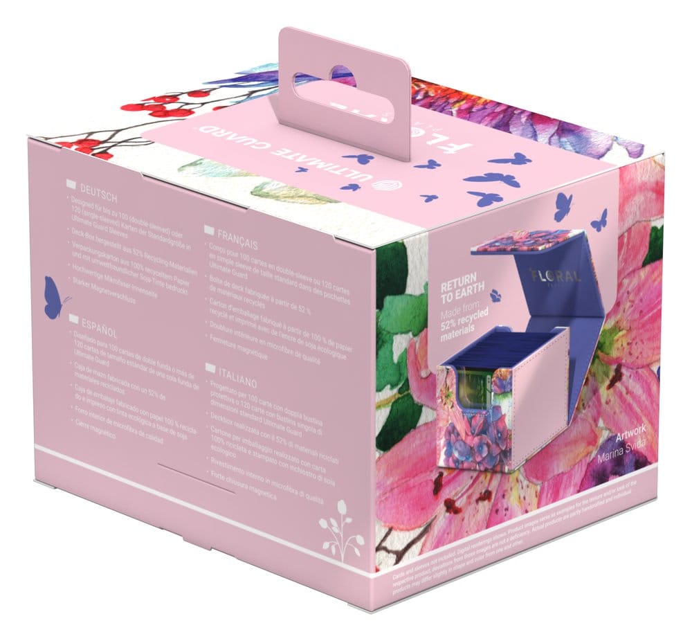Ultimate Guard Sidewinder 100+ Lotus Bloom deck box, in retail packaging, back