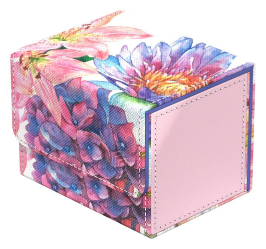 Ultimate Guard Sidewinder 100+ Lotus Bloom deck box, closed, pink with lotus and lily flowers, front-left