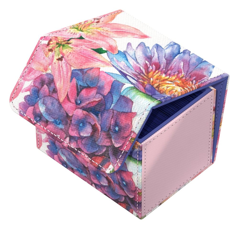 Ultimate Guard Sidewinder 100+ Lotus Bloom deck box, closed, angled view, card edges visible