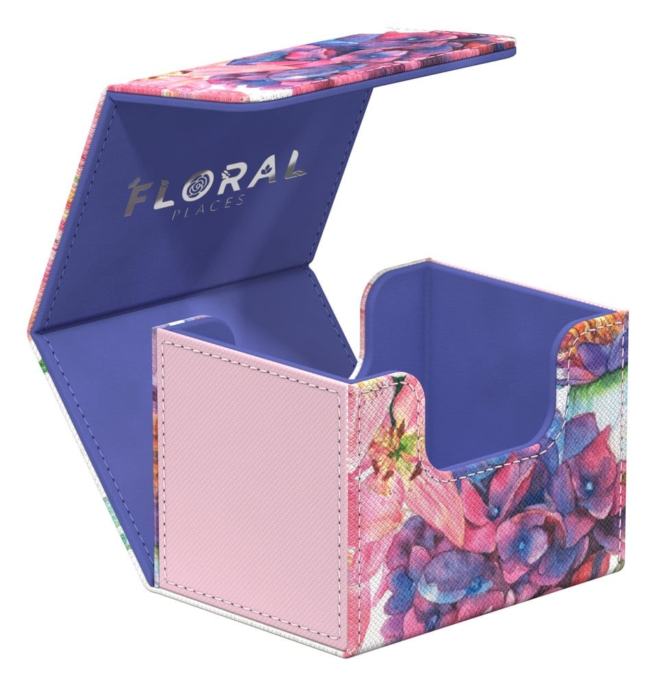 Ultimate Guard Sidewinder 100+ Lotus Bloom deck box, lid open, empty, Floral Places logo on the lining