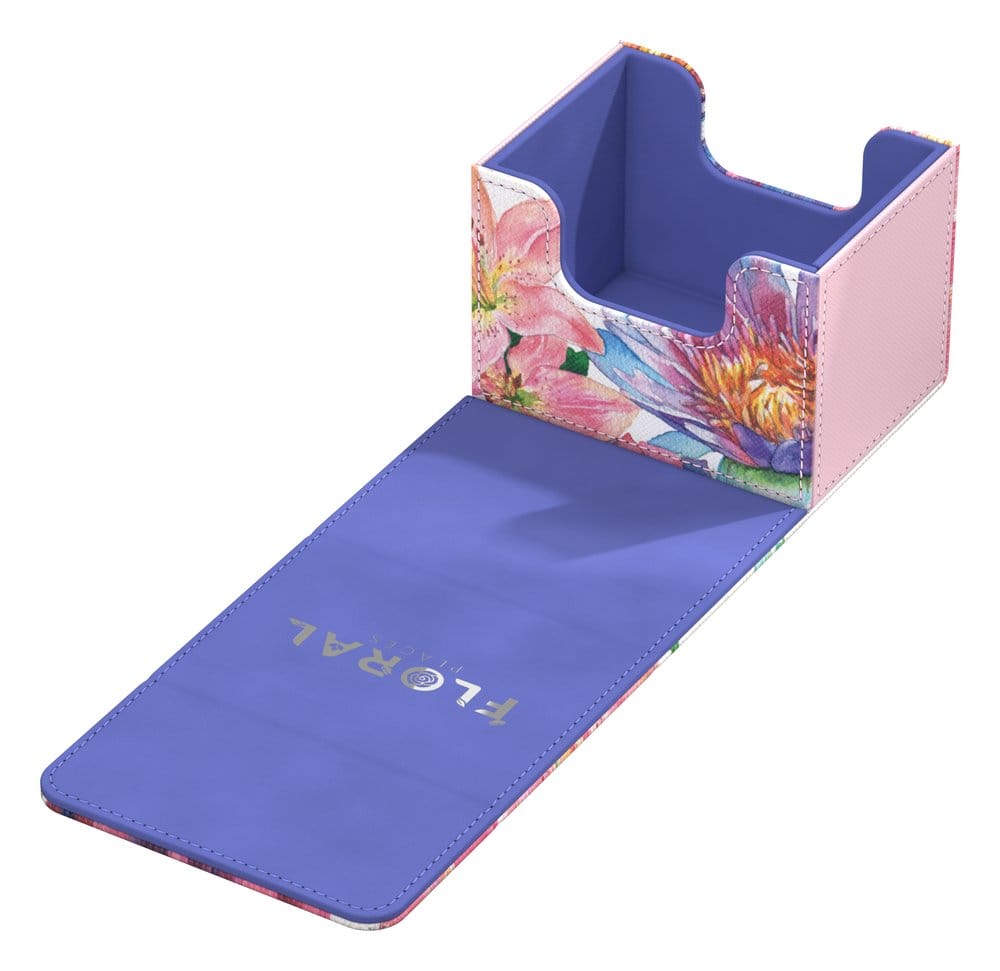 Ultimate Guard Sidewinder 100+ Lotus Bloom deck box, opened flat and empty, printed lining