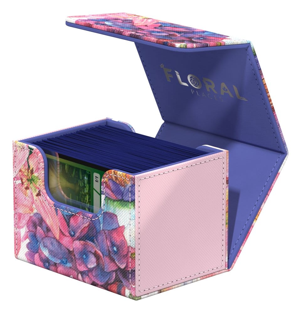 Ultimate Guard Sidewinder 100+ Lotus Bloom deck box, lid open with a deck of sleeved cards inside