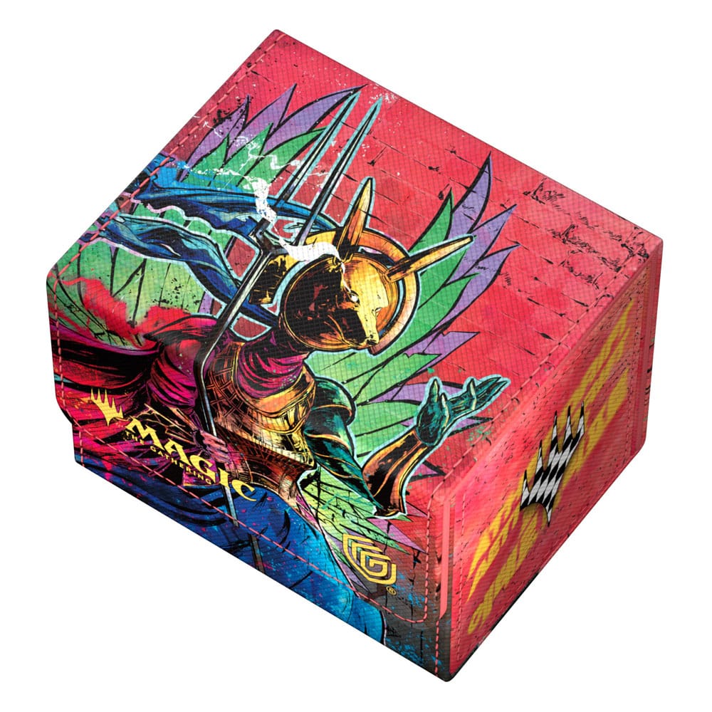 Ultimate Guard Sidewinder 100+ Aetherdrift Hazoret, Godseeker deck box, closed, high angle on the lid artwork
