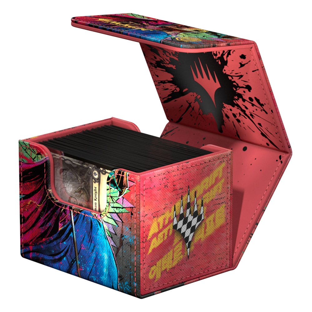 Ultimate Guard Sidewinder 100+ Aetherdrift Hazoret, Godseeker deck box, lid open with a deck of sleeved cards inside