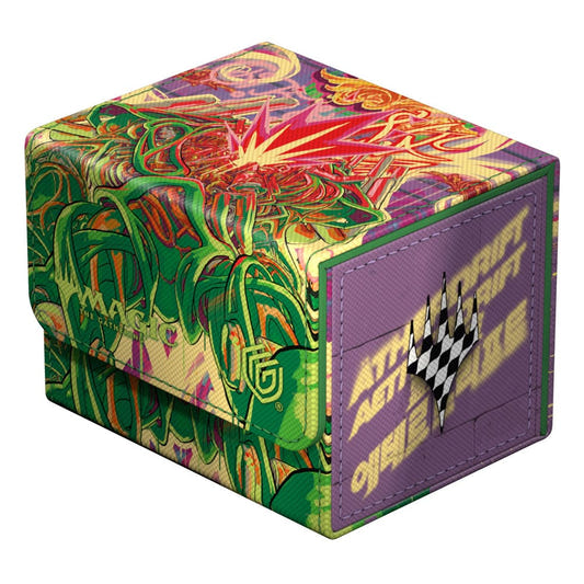 Ultimate Guard Sidewinder 100+ Aetherdrift Pyrewood Gearhulk deck box, closed, green with Pyrewood Gearhulk art, front-left