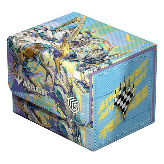Ultimate Guard Sidewinder 100+ Aetherdrift Riptide Gearhulk deck box, closed, light blue with Gearhulk art, front-left