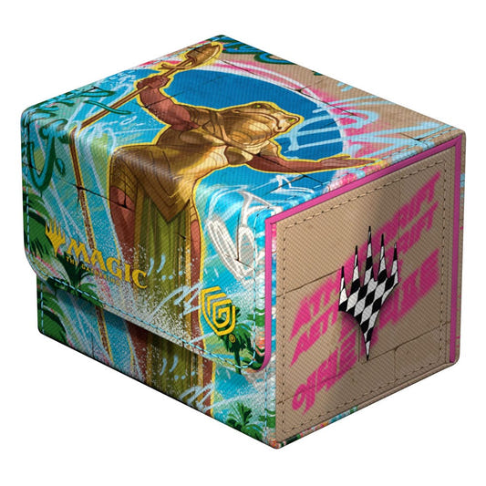 Ultimate Guard Sidewinder 100+ Aetherdrift Sab-Sunen deck box, closed, blue and tan with Sab-Sunen art, front-left