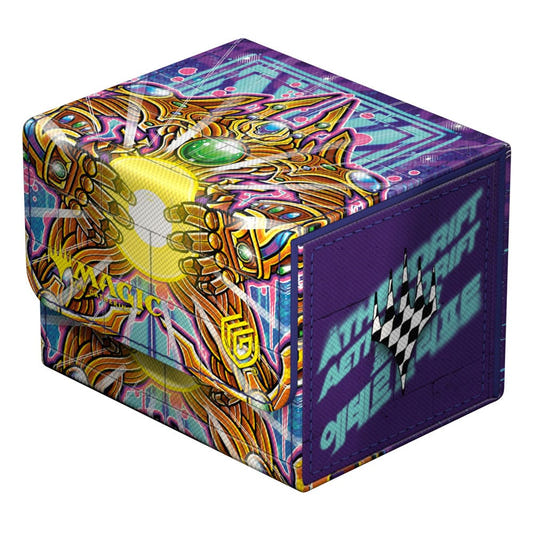 Ultimate Guard Sidewinder 100+ Aetherdrift Solar Gearhulk deck box, closed, purple with Solar Gearhulk art, front-left