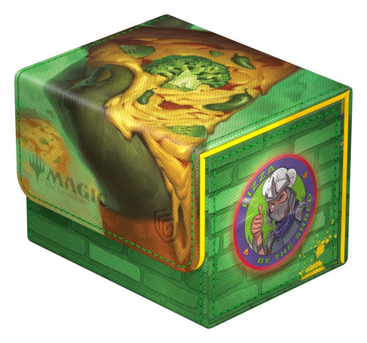 Ultimate Guard Sidewinder 100+ MTG x TMNT Forest deck box, closed, green brick design and broccoli pizza lid