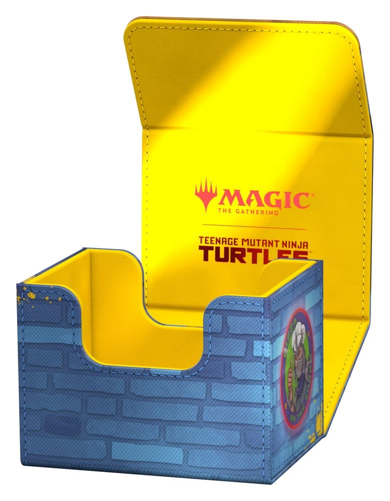 Ultimate Guard Sidewinder 100+ MTG x TMNT Island deck box, lid open, side view of the yellow lining