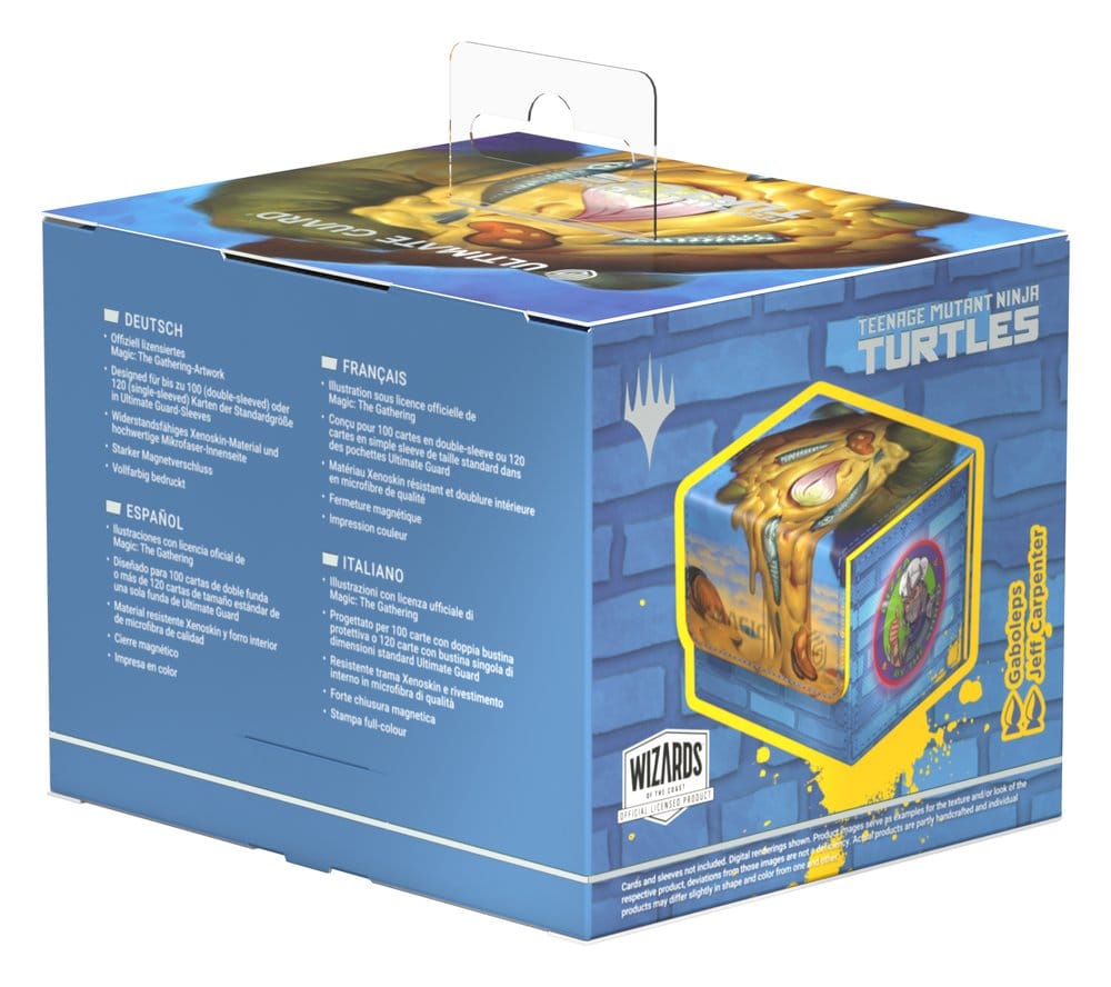 Ultimate Guard Sidewinder 100+ MTG x TMNT Island deck box, retail packaging back, multilingual