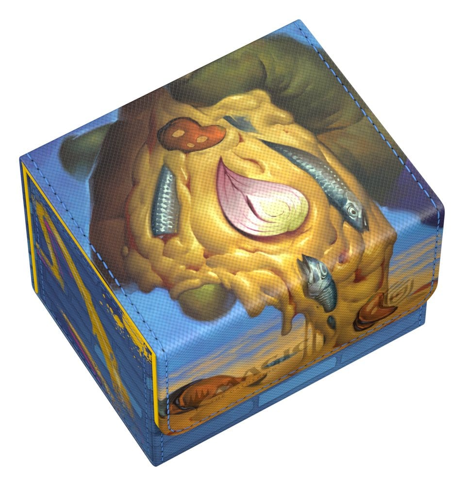 Ultimate Guard Sidewinder 100+ MTG x TMNT Island deck box, closed, pizza lid artwork from a rotated angle