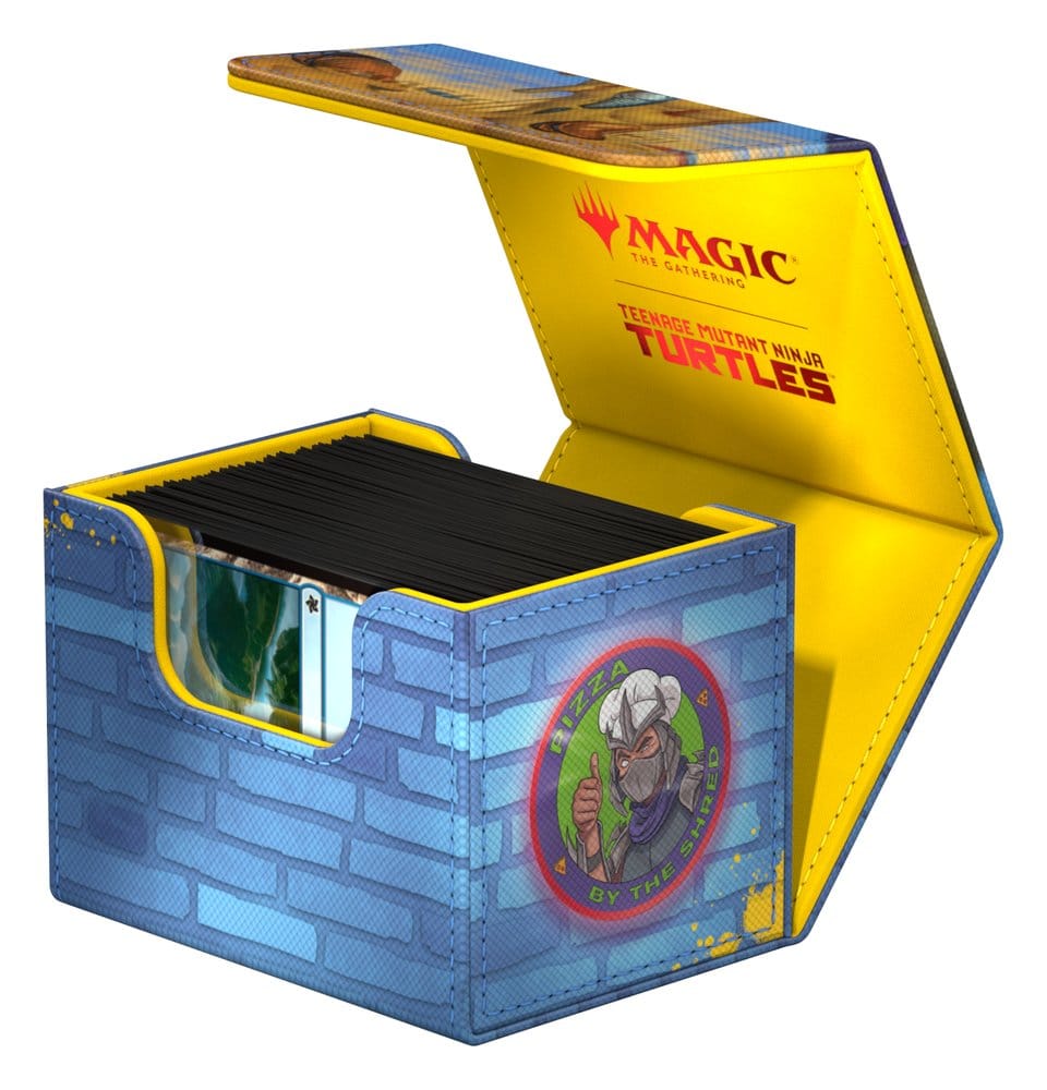 Ultimate Guard Sidewinder 100+ MTG x TMNT Island deck box, open and filled with sleeved cards