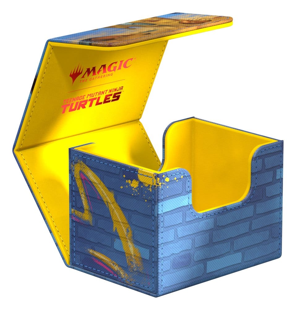 Ultimate Guard Sidewinder 100+ MTG x TMNT Island deck box, lid open, yellow interior with Magic x TMNT logos