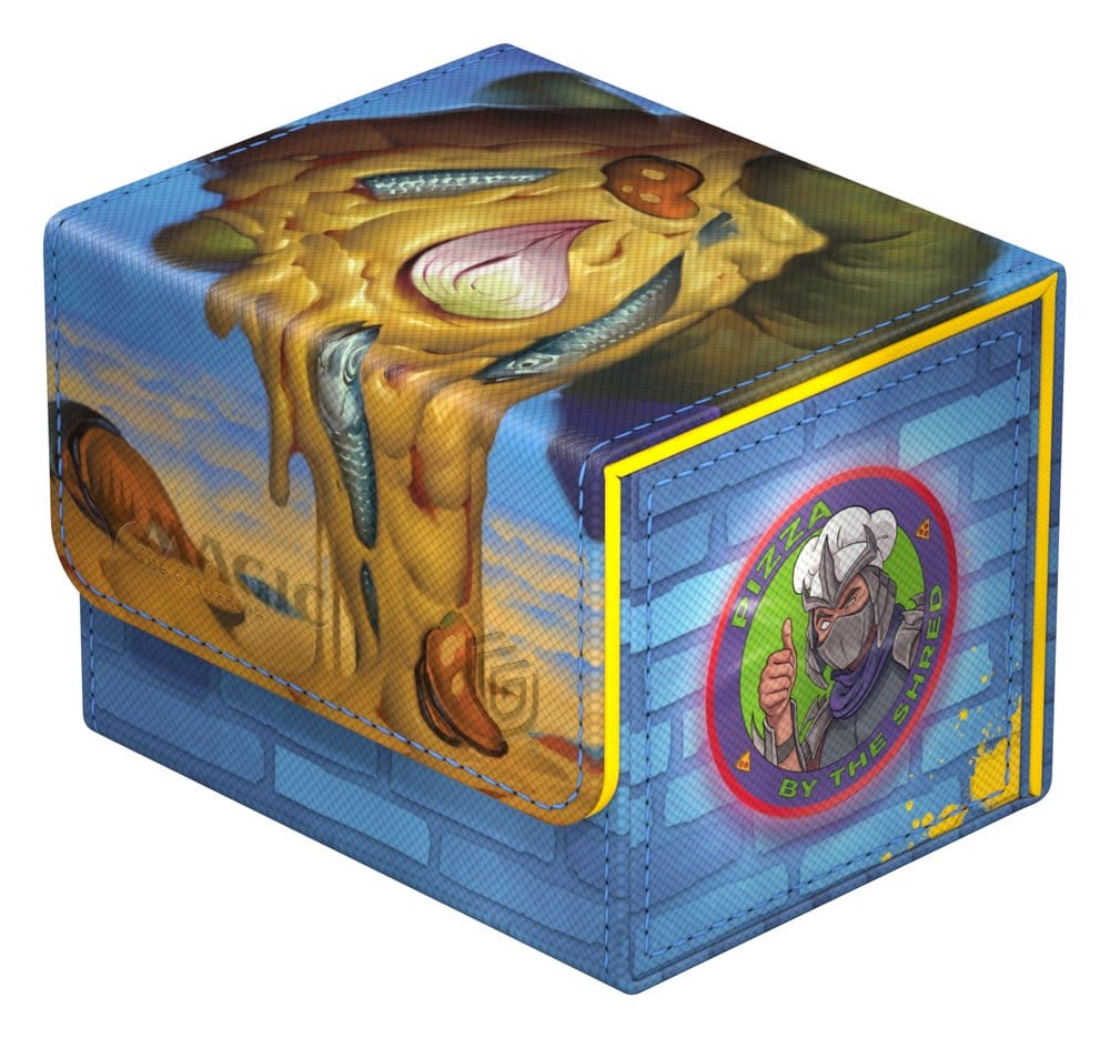 Ultimate Guard Sidewinder 100+ MTG x TMNT Island deck box, closed, blue brick design and onion and fish pizza lid