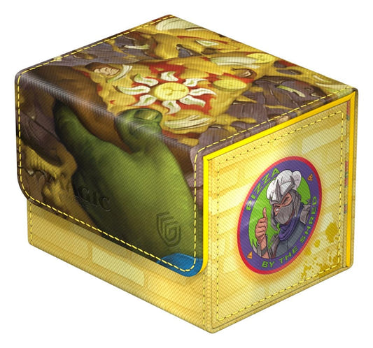Ultimate Guard Sidewinder 100+ MTG x TMNT Plains deck box, closed, yellow brick design and sun-topped pizza lid