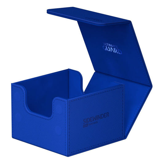 Ultimate Guard Sidewinder 133+ Xenoskin deck box in blue, lid open, empty interior