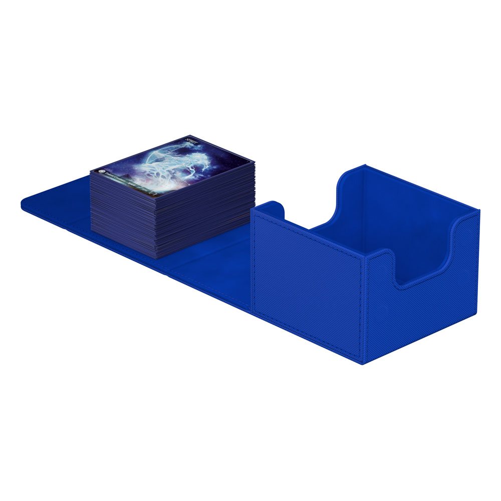 Ultimate Guard Sidewinder 133+ Xenoskin deck box in blue, opened flat with a stack of sleeved cards