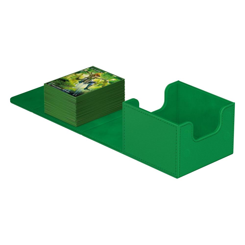 Ultimate Guard Sidewinder 133+ Xenoskin deck box in green, opened flat with a stack of sleeved cards