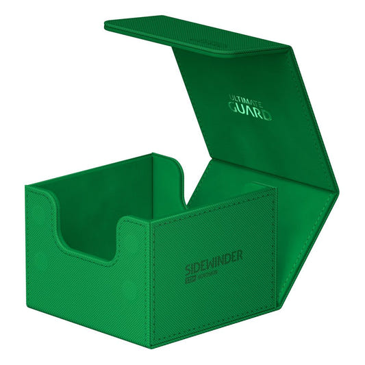 Ultimate Guard Sidewinder 133+ Xenoskin deck box in green, lid open, empty interior