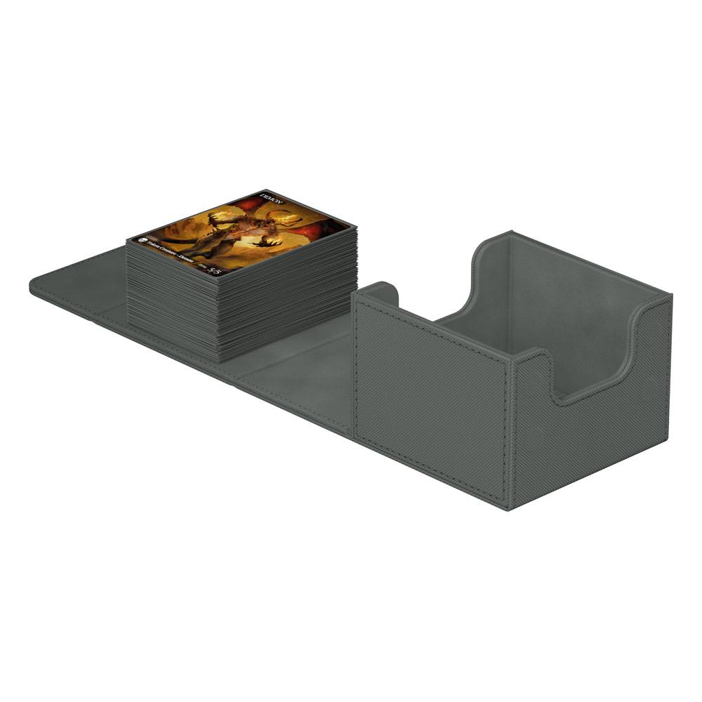 Ultimate Guard Sidewinder 133+ Xenoskin deck box in grey, opened flat with a stack of sleeved cards