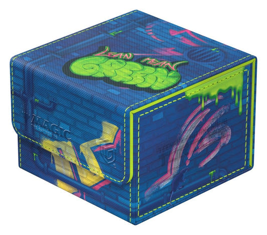 Ultimate Guard Sidewinder 133+ MTG x TMNT Sewer Walls deck box, closed, blue brick lid with green graffiti