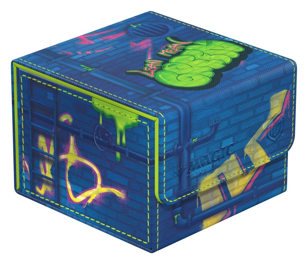 Ultimate Guard Sidewinder 133+ MTG x TMNT Sewer Walls deck box, closed, side view with yellow graffiti