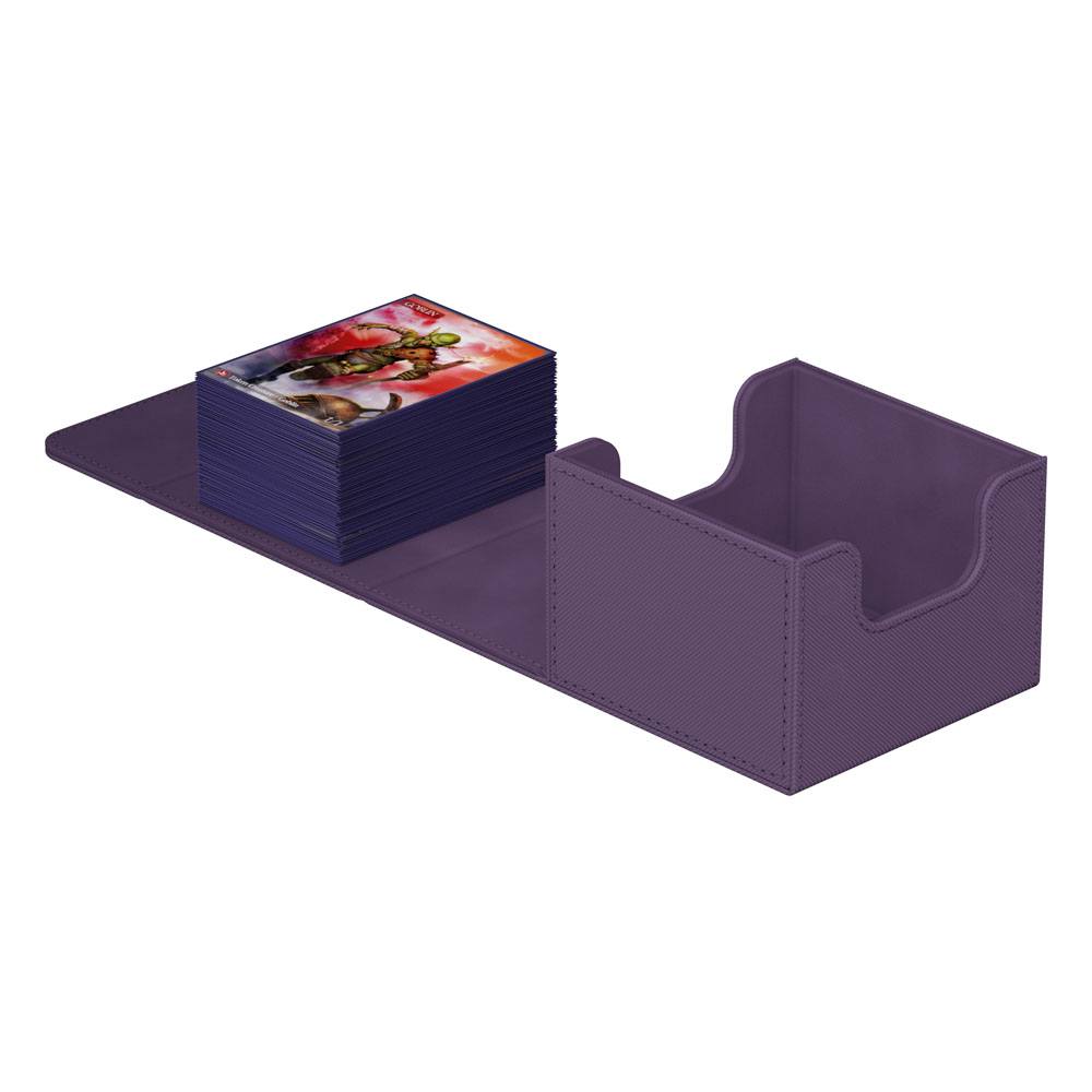 Ultimate Guard Sidewinder 133+ Xenoskin deck box in purple, opened flat with a stack of sleeved cards