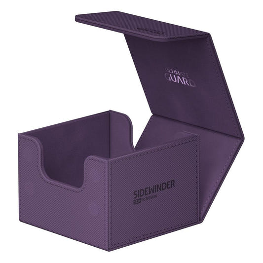 Ultimate Guard Sidewinder 133+ Xenoskin deck box in purple, lid open, empty interior