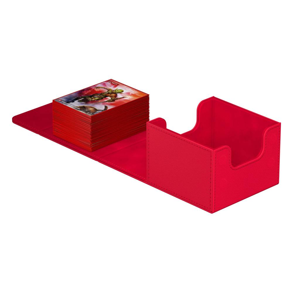 Ultimate Guard Sidewinder 133+ Xenoskin deck box in red, opened flat with a stack of sleeved cards