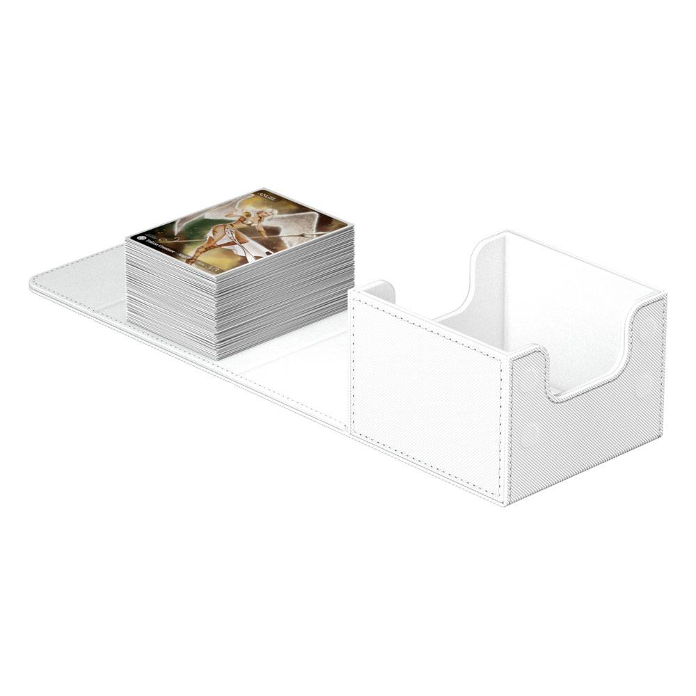 Ultimate Guard Sidewinder 133+ Xenoskin deck box in white, opened flat with a stack of sleeved cards