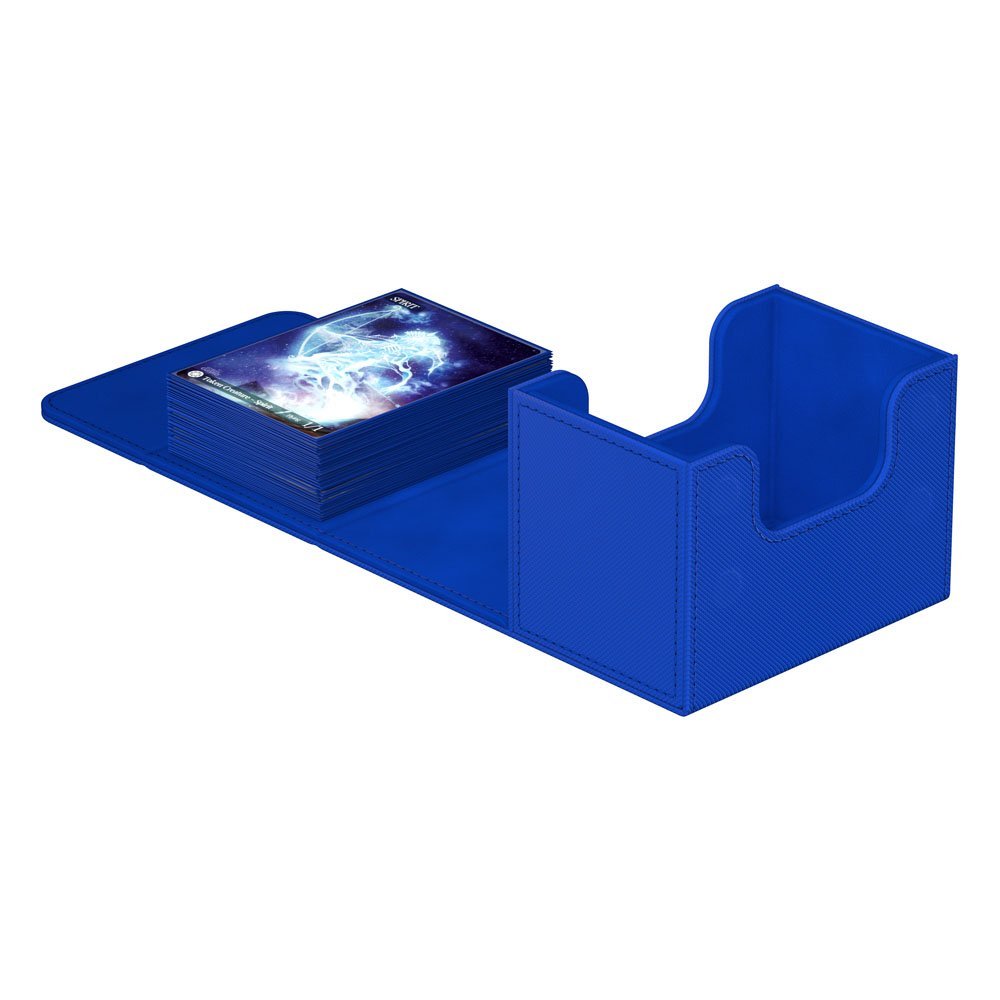 Ultimate Guard Sidewinder 80+ Xenoskin deck box in blue, opened flat with a stack of sleeved cards