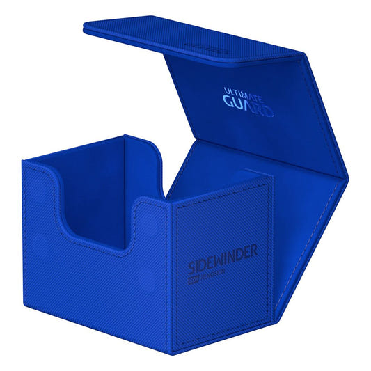 Ultimate Guard Sidewinder 80+ Xenoskin deck box in blue, lid open, empty interior