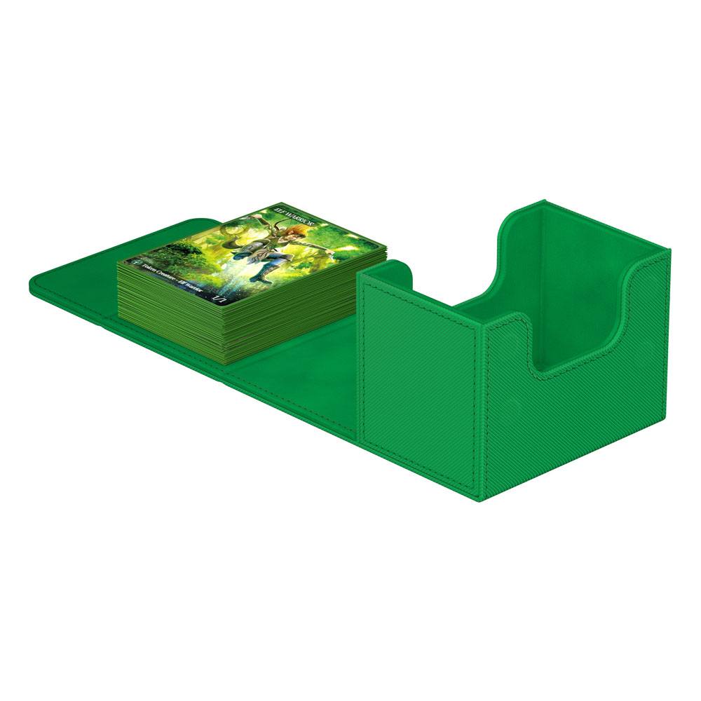 Ultimate Guard Sidewinder 80+ Xenoskin deck box in green, opened flat with a stack of sleeved cards