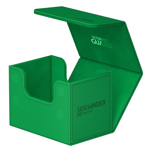 Ultimate Guard Sidewinder 80+ Xenoskin deck box in green, lid open, empty interior