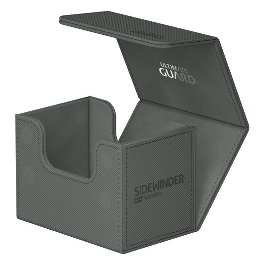 Ultimate Guard Sidewinder 80+ Xenoskin deck box in grey, lid open, empty interior