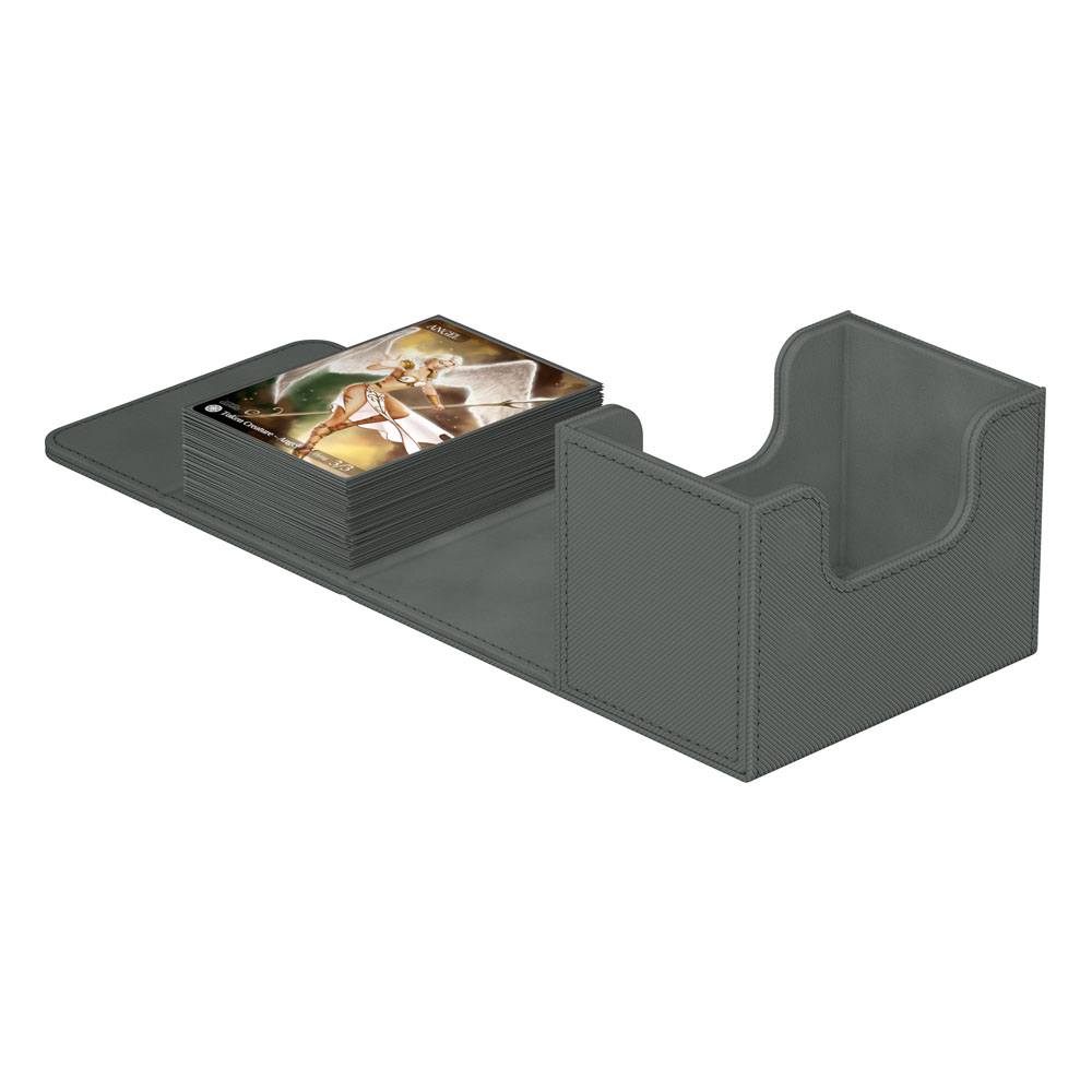 Ultimate Guard Sidewinder 80+ Xenoskin deck box in grey, opened flat with a stack of sleeved cards