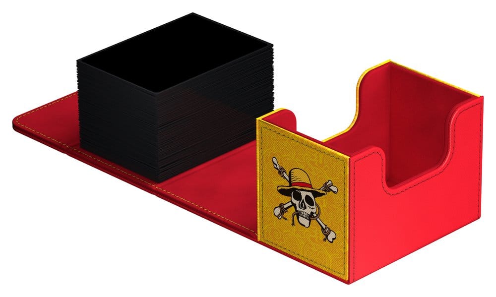 Ultimate Guard Sidewinder 80+ Netflix One Piece Luffy deck box, opened flat with a stack of black-sleeved cards