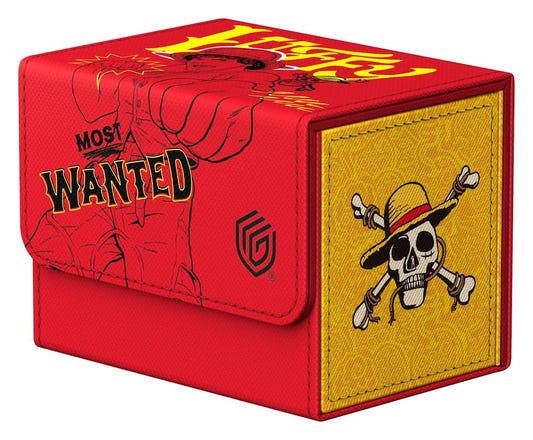 Ultimate Guard Sidewinder 80+ Netflix One Piece Luffy deck box in red, closed, front angle, Most Wanted line art