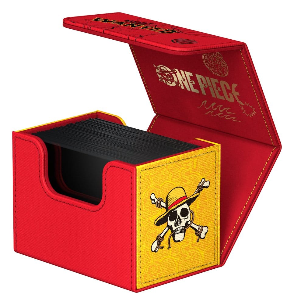 Ultimate Guard Sidewinder 80+ Netflix One Piece Luffy deck box, lid open, filled with black-sleeved cards